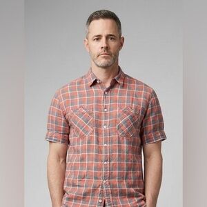 Billy Reid Coral and Gray Plaid Short-Sleeve Button-Down Shirt